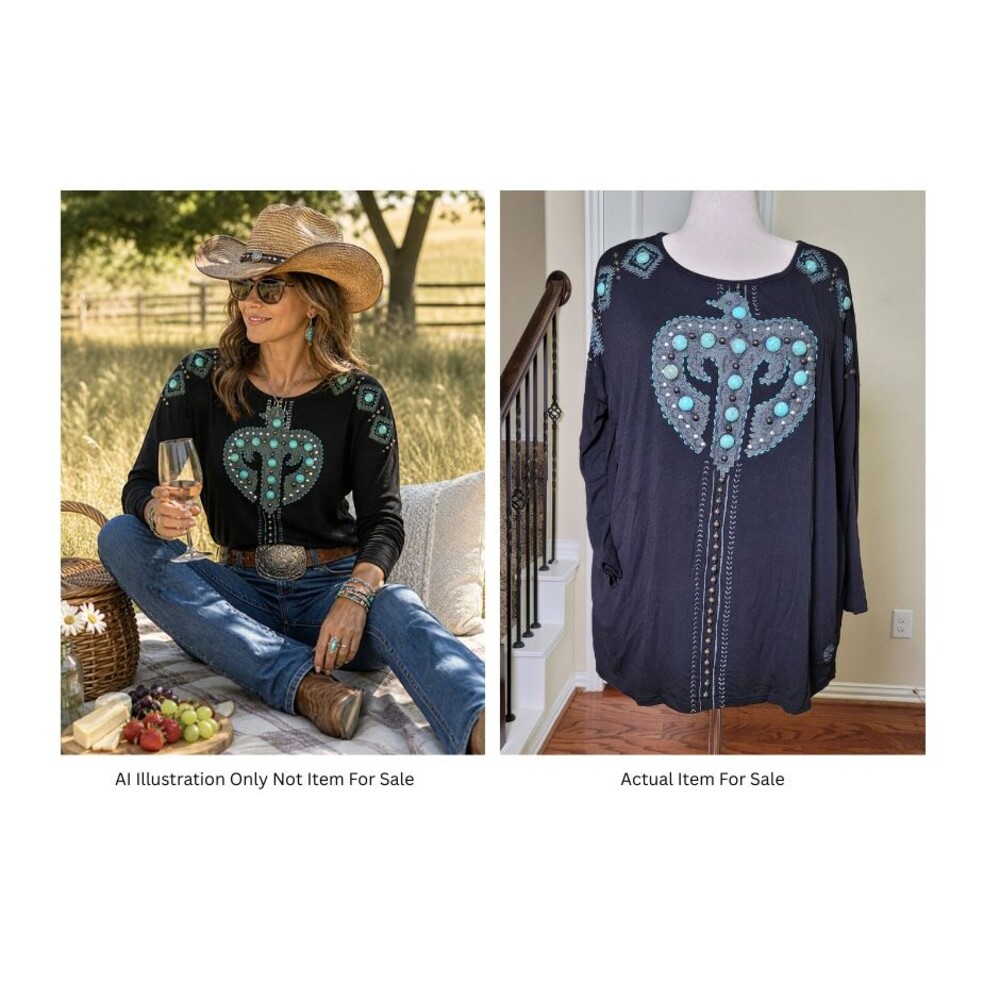 DOUBLE D RANCH Thunderbird Shirt Top 3D Turquoise Conch Black M Western Studded